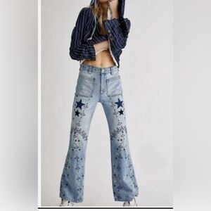Free People Delphine Blue Flare Jeans with Star & Floral Embroidery size 28